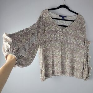 Bandolino Womens L Cream Beige Lace Up Neck Long Sleeve Ruffle Tunic Top Blouse